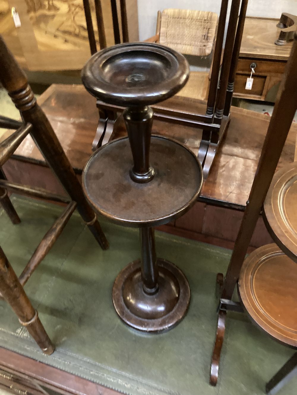 An Edwardian folding cake stand, a beech bar stool and a smokers stand
